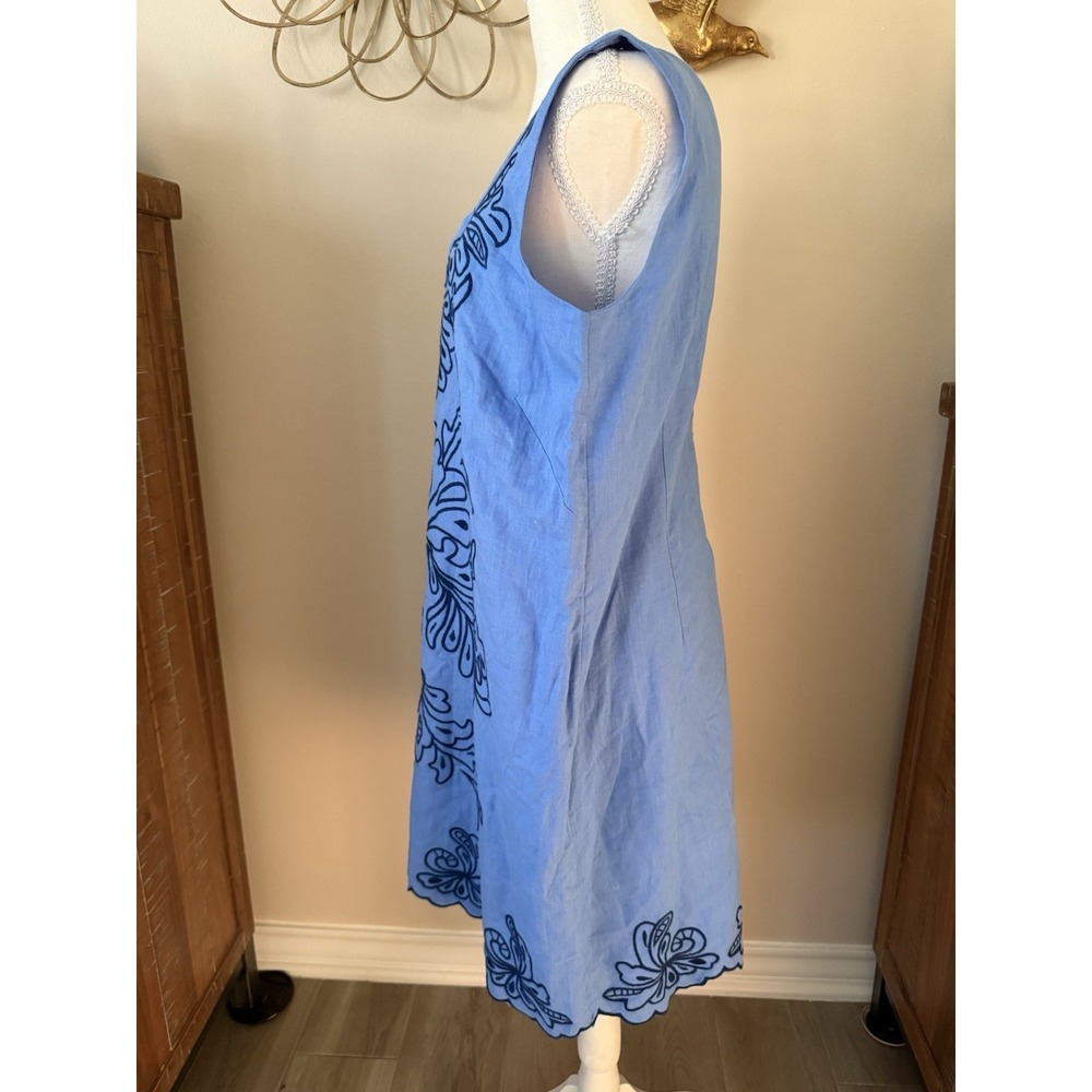 Talbots 16P Blue Linen Blend Embroidered Shift Dress Sleeveless Petite - Picture 2 of 7